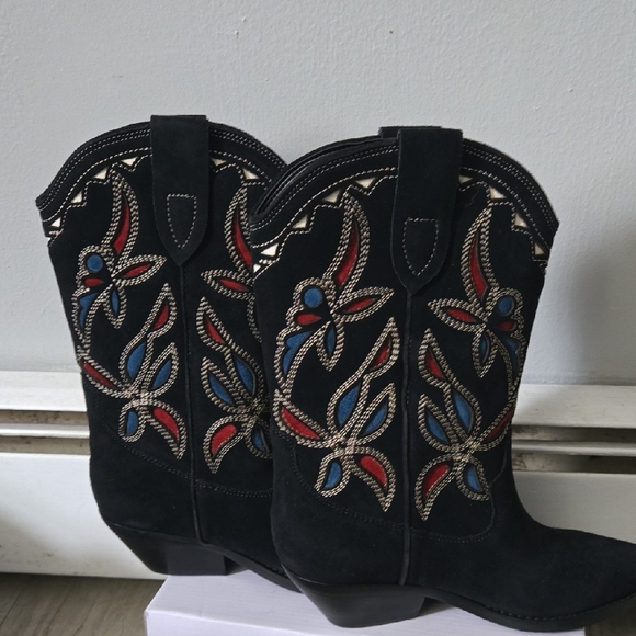 Marc Fisher Shoes - Marc Fisher Black Suede Western Combat Boots with Red & Blue Embroidery